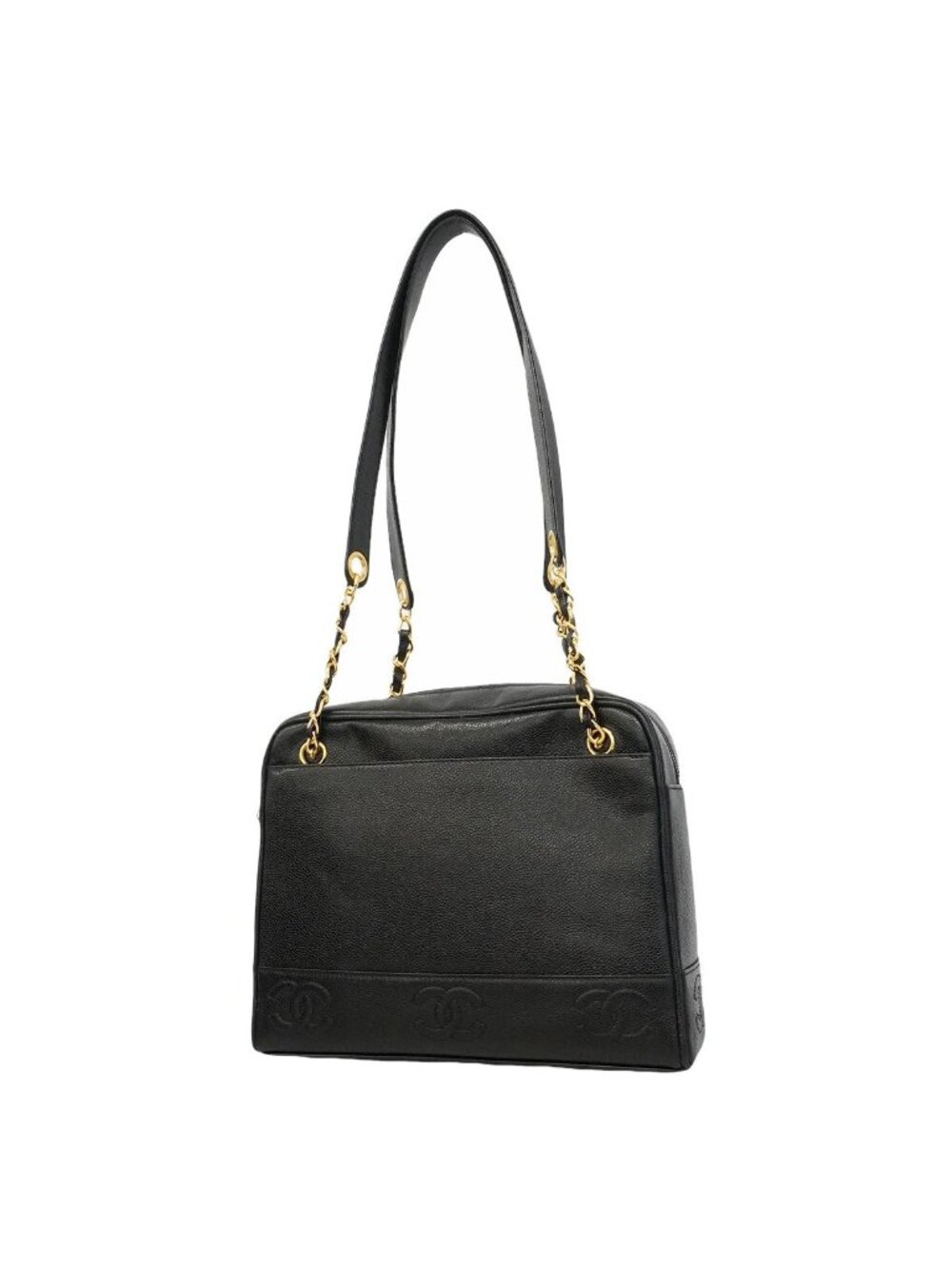 Chanel Chain Tote Bag Triple Coco Caviar Leather Black Gold